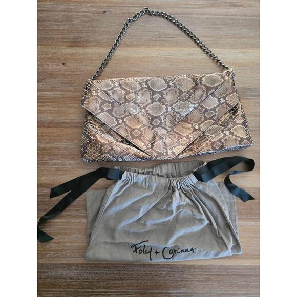 Foley Corinna Handbag Womens Large Snake Print Clutch Chain Strap Convertible - Picture 1 of 12